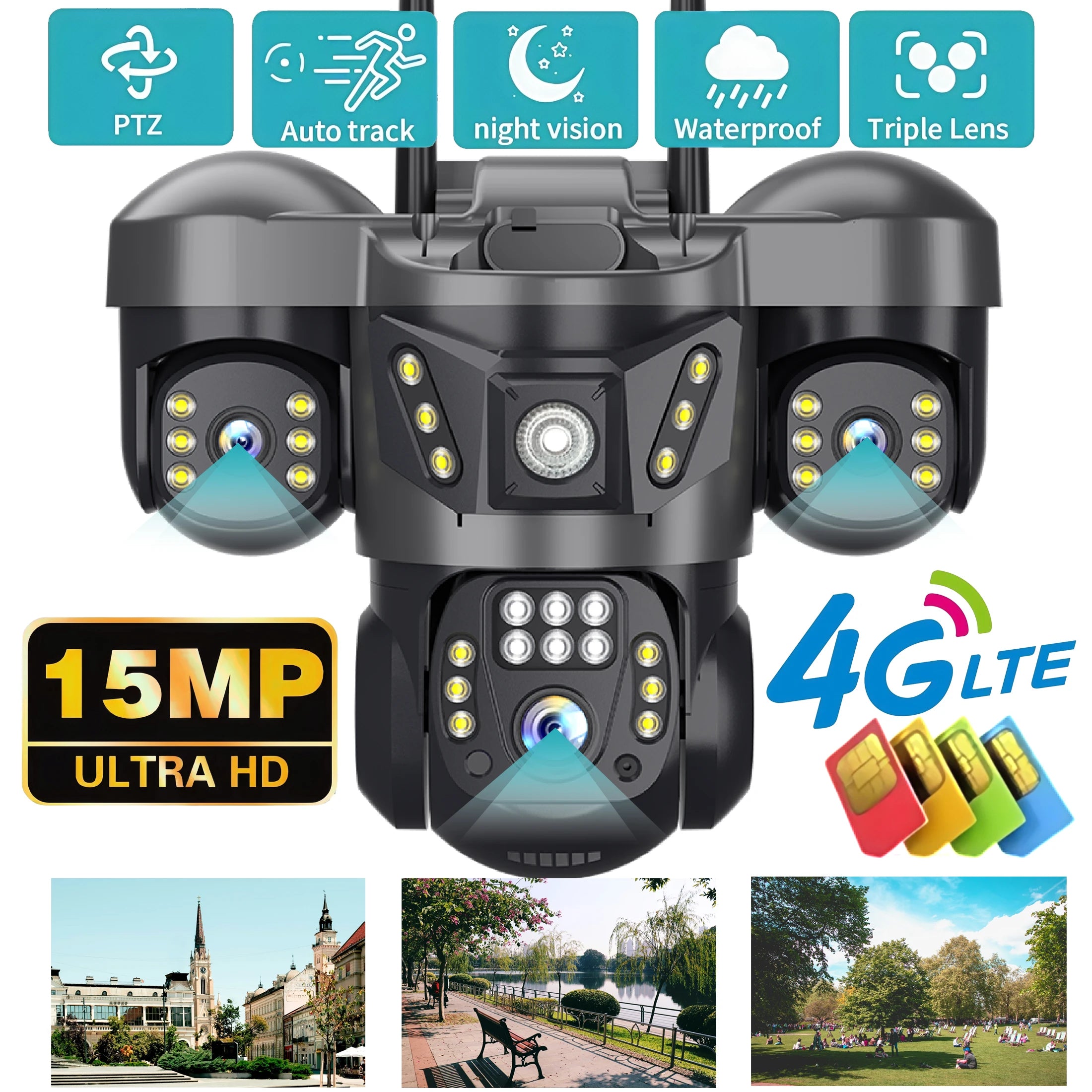 V380 Pro 4G IP Camera 15MP Triple Lenses Triple Screens Human Detection  Video Monitor Outdoor Waterproof Security CCTV Camera