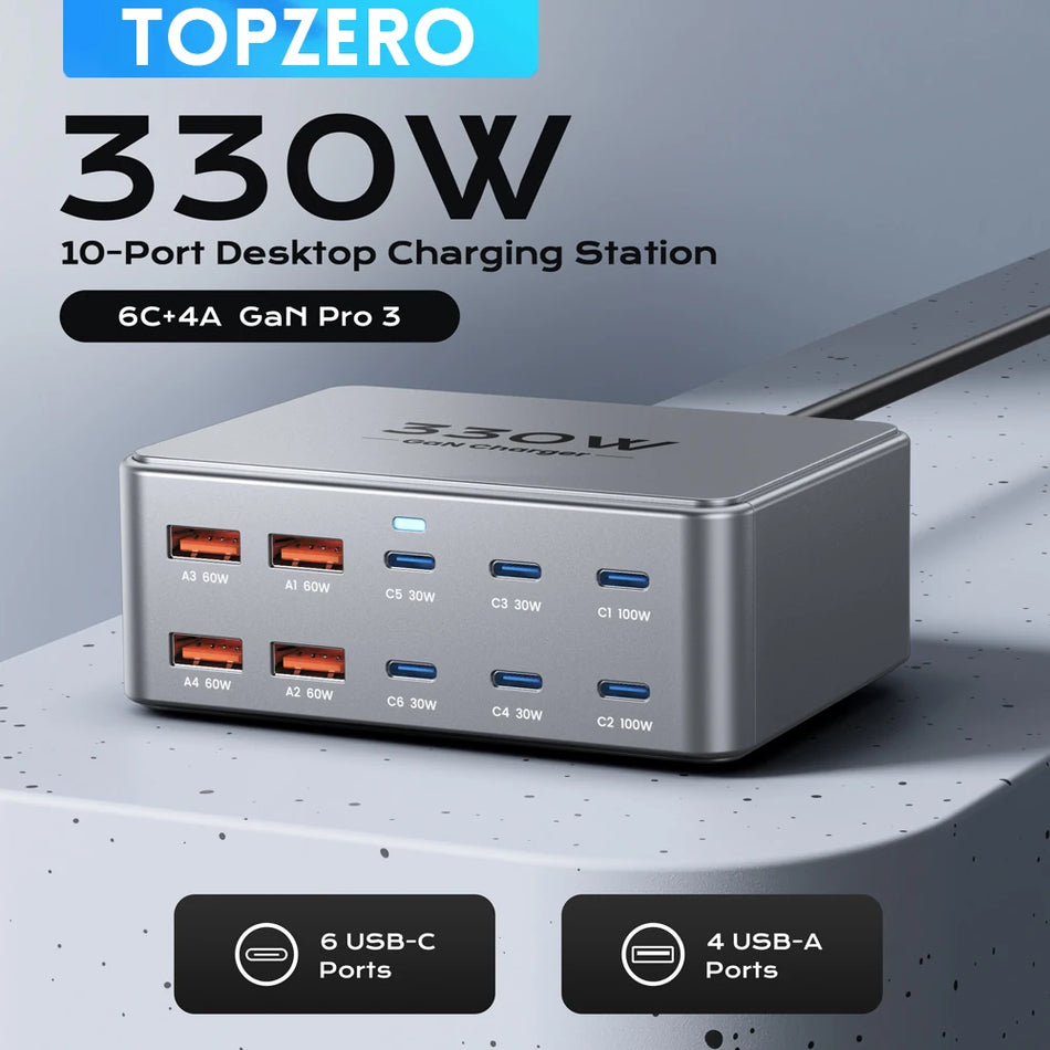 TOPZERO 330W USB C GaN Charger &ndash; Multiport Fast Charging for Laptops and Mobile Devices BR Plug