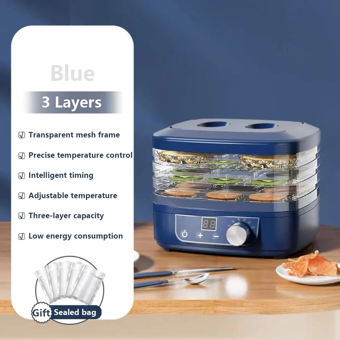 CUKYI Mini Food Dehydrator &ndash; Adjustable Temperature and Five Trays Blue 3 Layer / CHINA