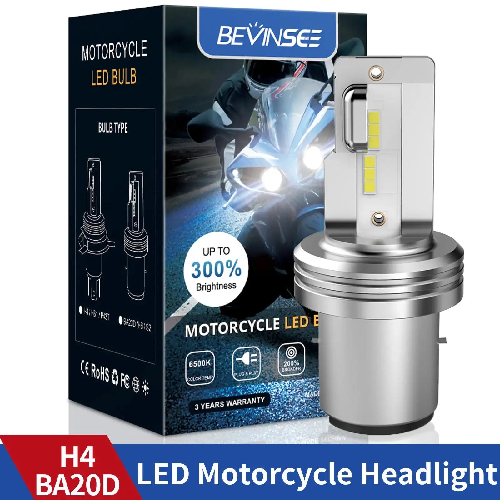Bevinsee H4 LED Headlight Hi Lo 6000K 3000Lm Nonpolarity 2PCS / BA20d / CHINA
