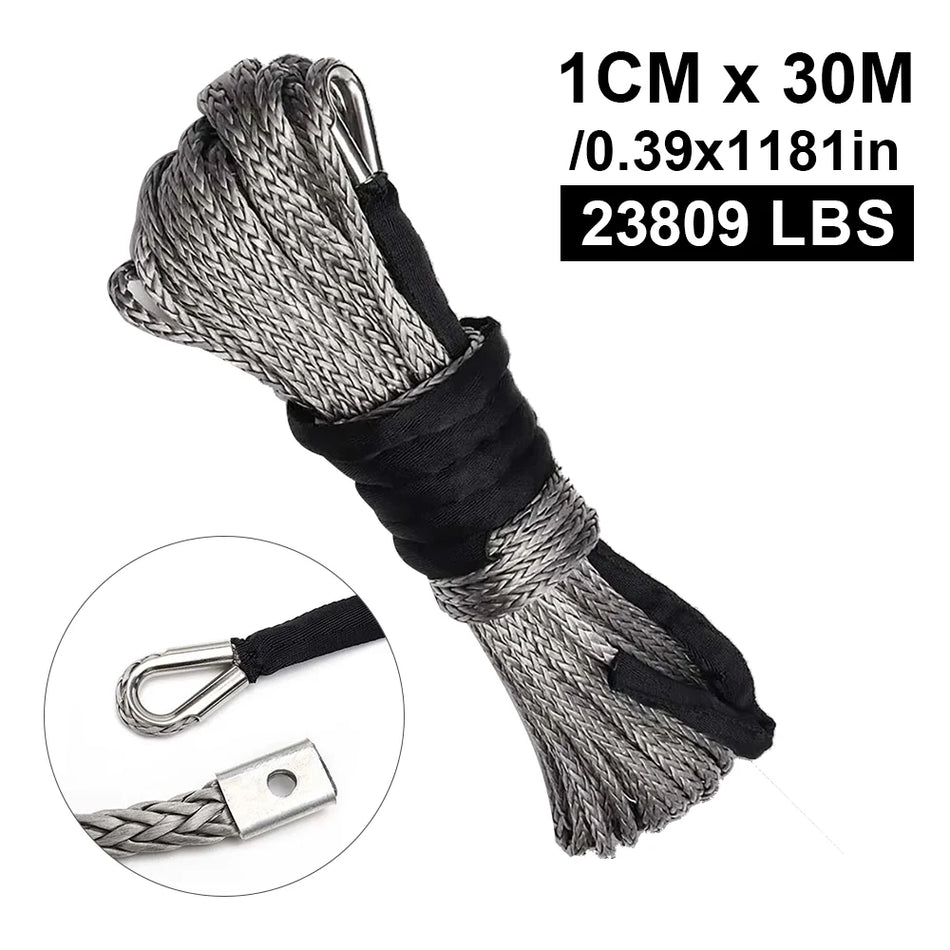 Sfoară Sintetică pentru Winch 10mm x 30m pentru ATV 4WD, 23000LBS Rezistentă Gri