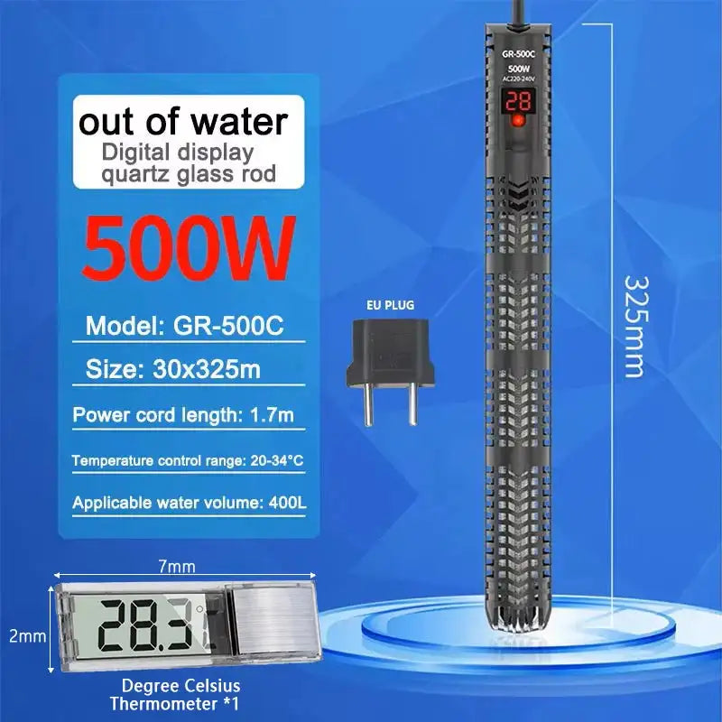 Aquarium Submersible Heater With Thermometer 220 240V 500C and Silver THE