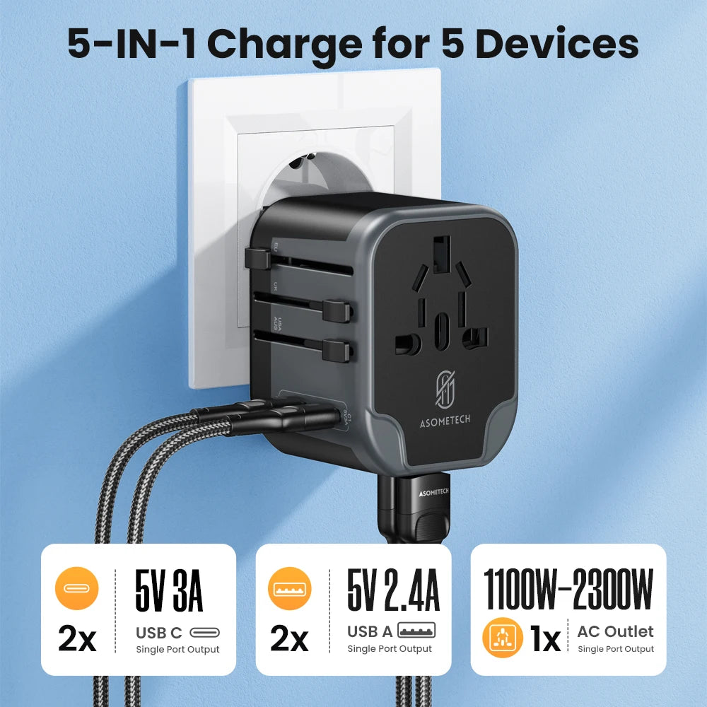Universal Travel Adapter USB Charger &ndash; Dual USB and Type C Ports for Global Compatibility