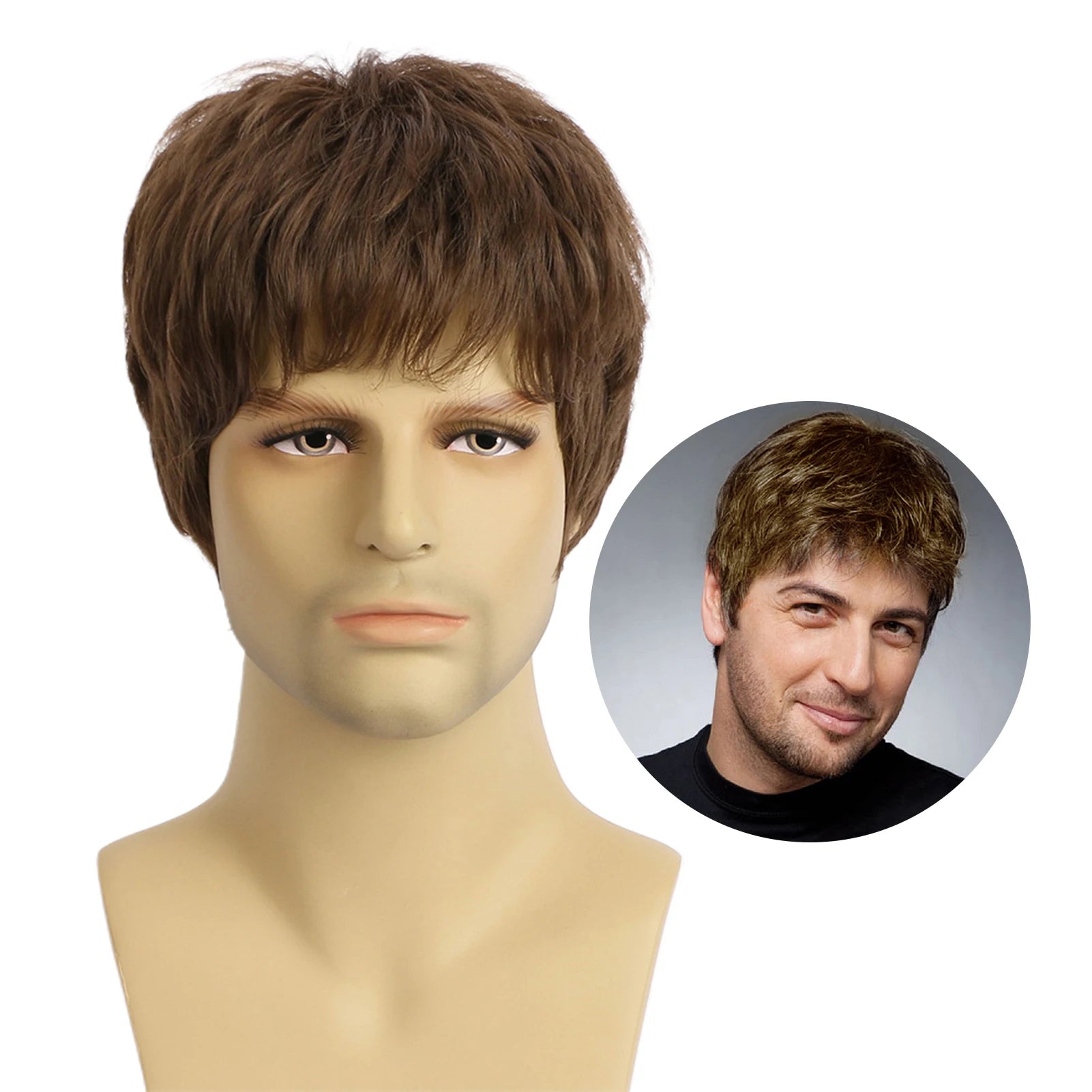 Men's Short Fluffy Straight Full Bang Black Synthetic Wig Brown / CHINA / 20CM