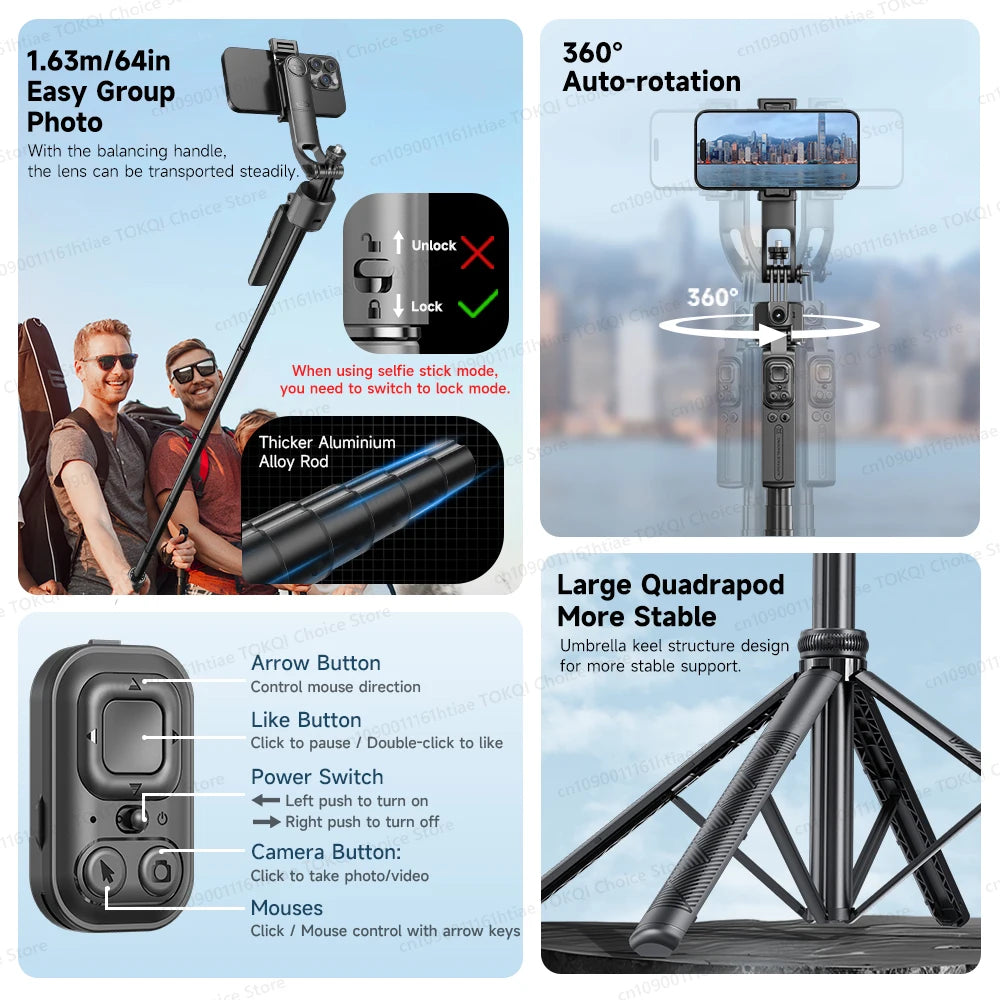 TOKQI C17 360&deg; Auto-Rotation Selfie Tripod with AI Tracking and Remote Control