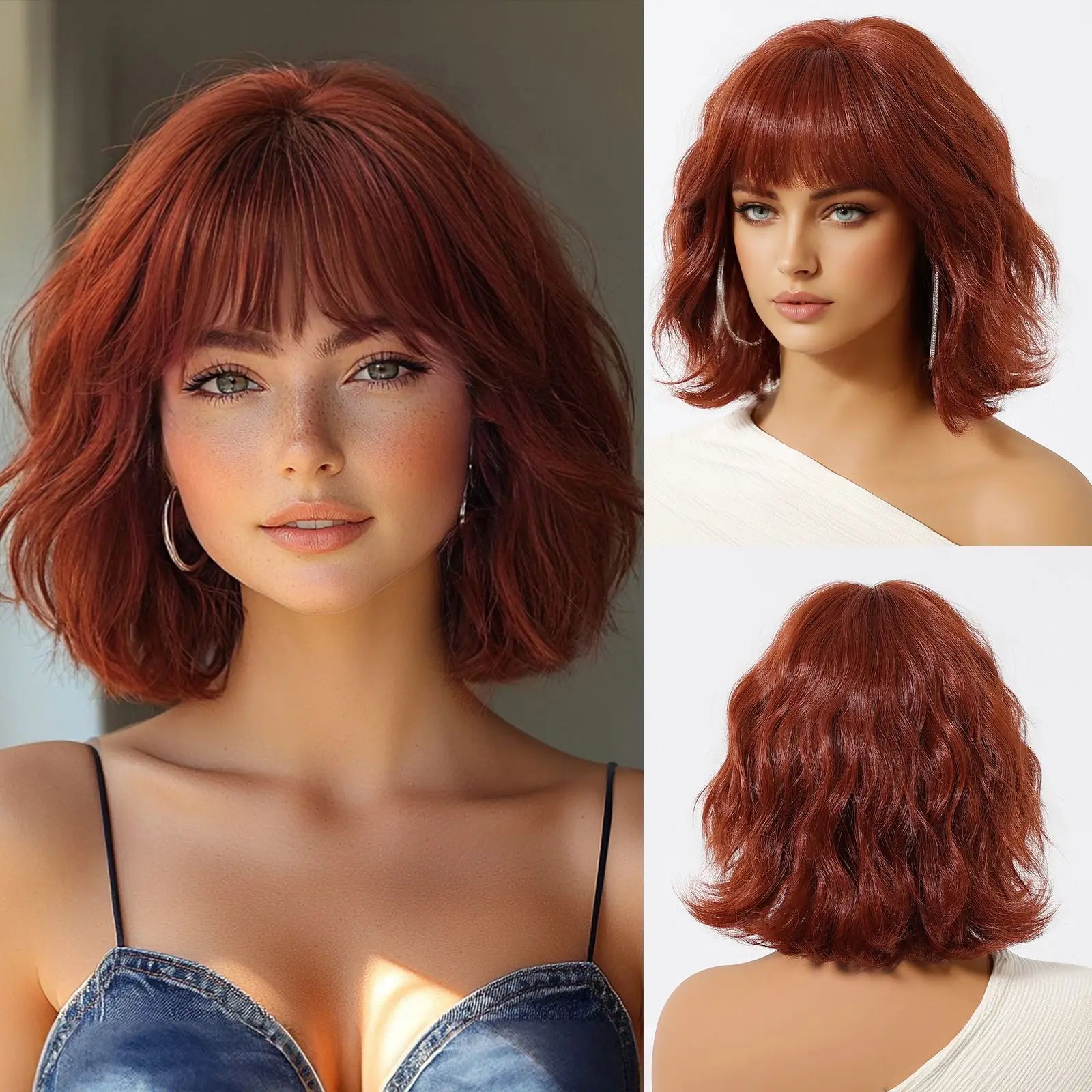 ALAN EATON Auburn Short Wavy Wig with Bangs - Heat Resistant Red Brown Hair for Cosplay and Parties