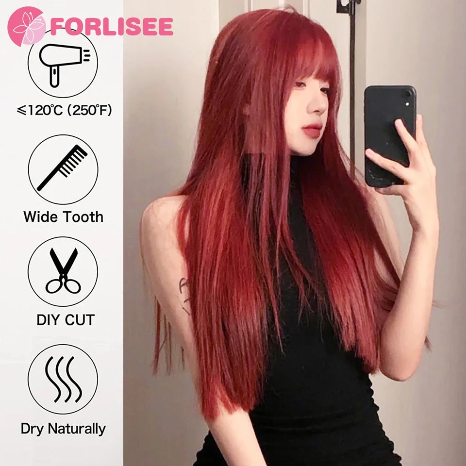 Forlisee Matte Wine Red Long Straight Wig with Bangs