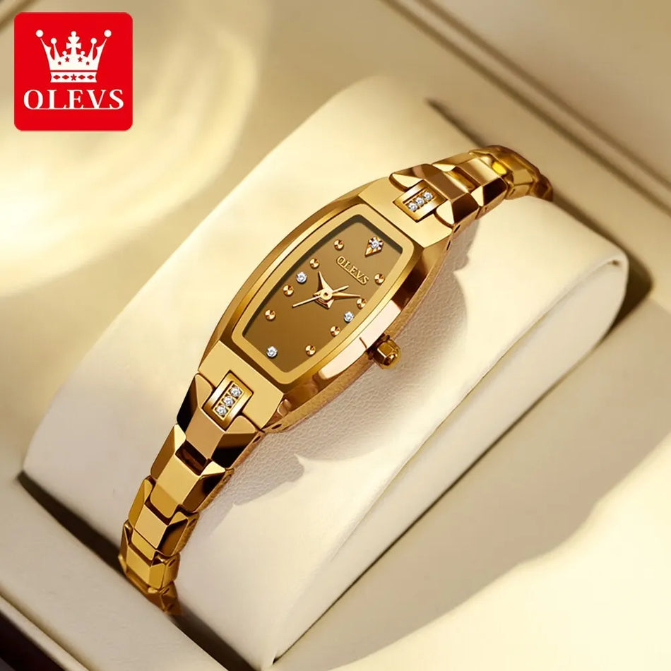 OLEVS Elegant Diamond Quartz Watch for Women with Tonneau Tungsten Steel Band