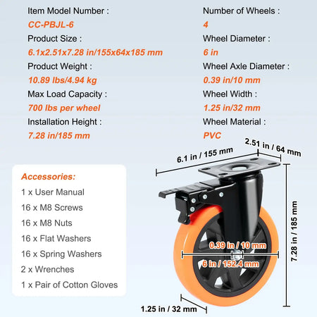 2/3/4/5/6 Inch Casters Set of 4 - Dual Locking 6 in / CZECH REPUBLIC