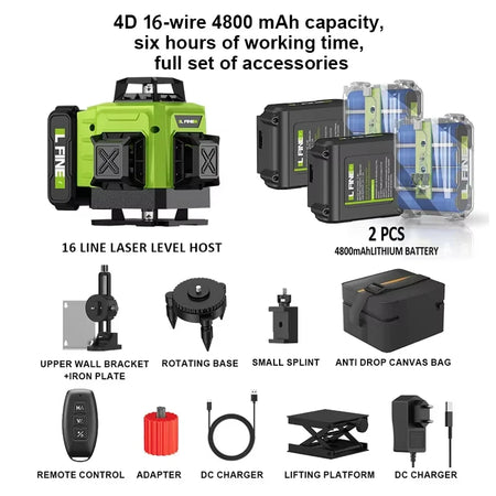 LFINE 3D/4D Laser Level - 12/16 Lines with Remote &amp; 360&deg; Self-Leveling 16 LINE 2Battery