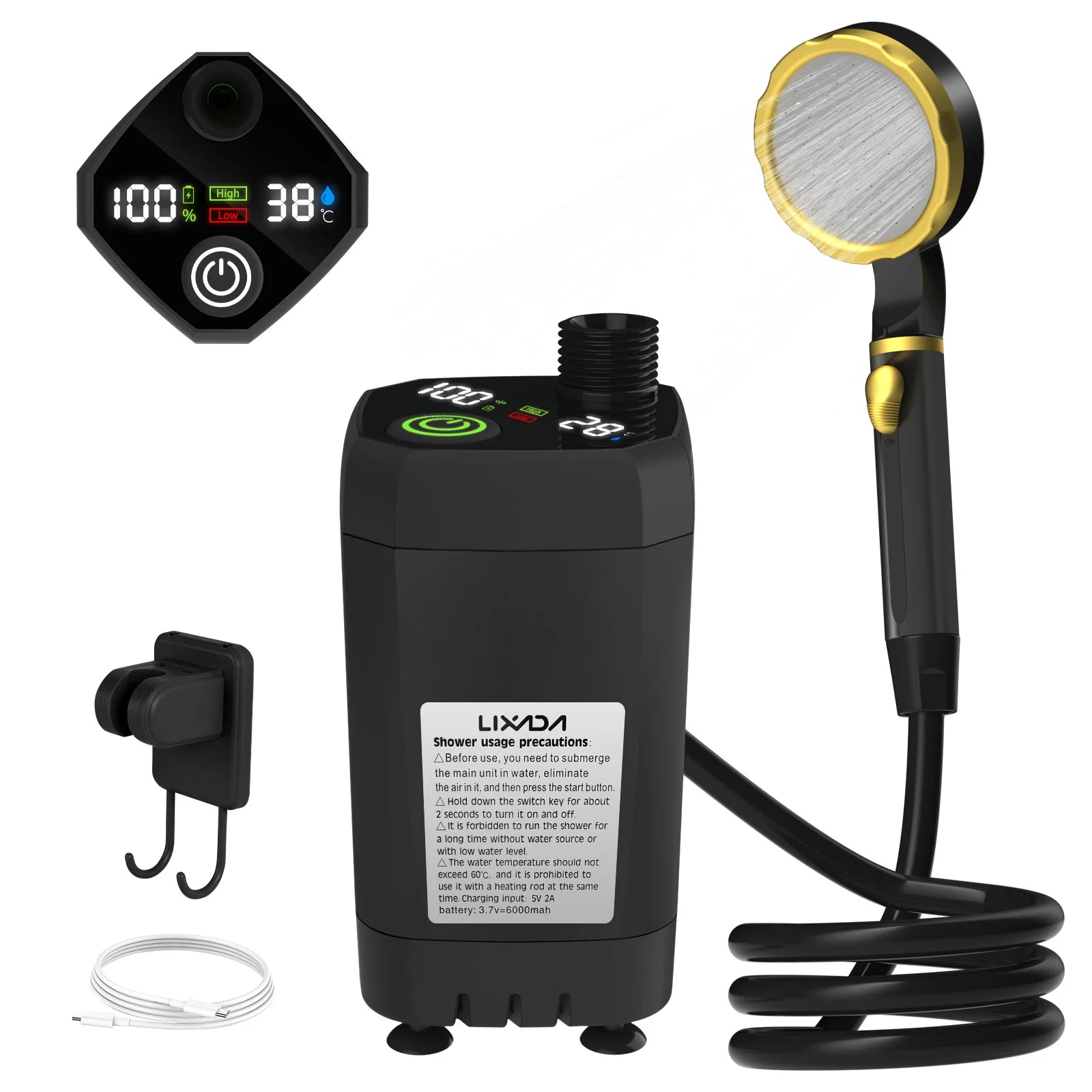 Portable Camping Shower Pump with Intelligent Digital Display and 6000mAh Battery Black