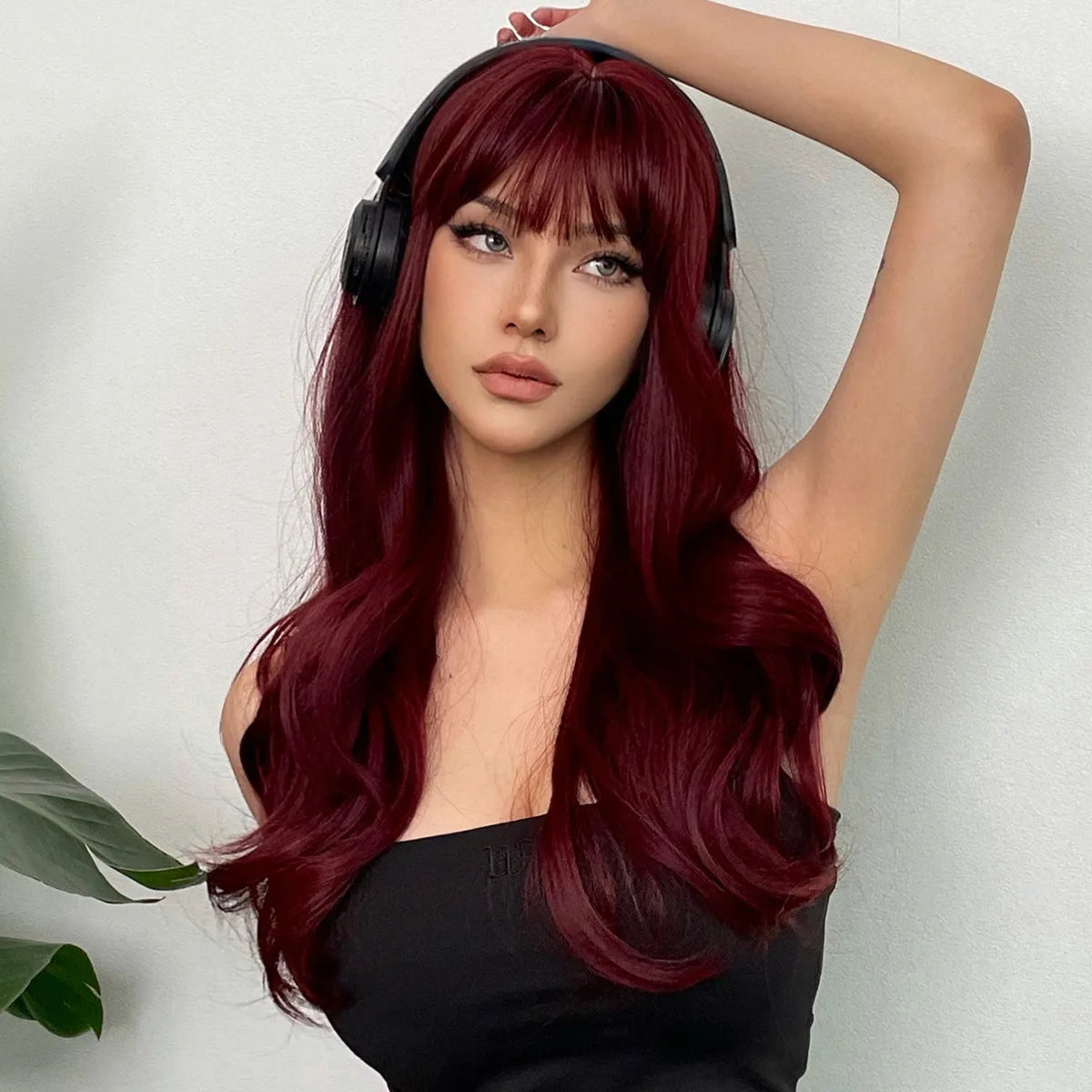 Wine Red Long Curly Synthetic Wig with Bangs - Heat Resistant &amp; Daily Wear