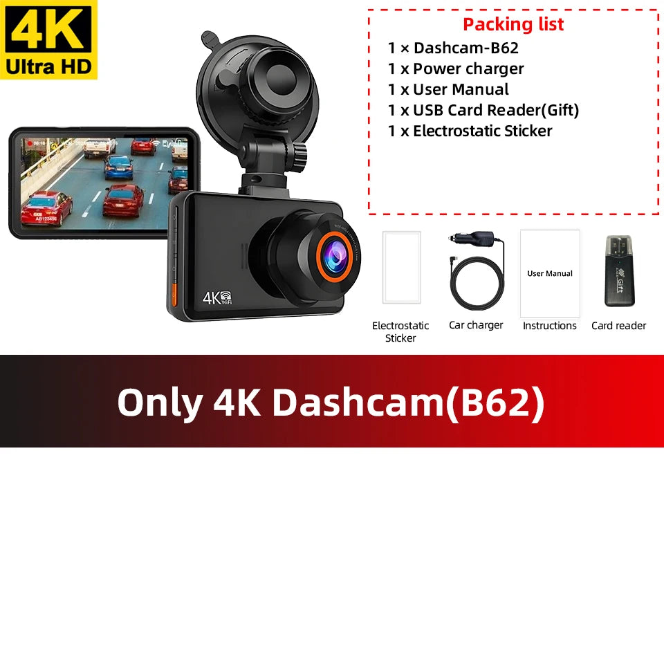 ACCEO Dashcam 4K+2.5K Car DVR &ndash; Dual Channel WiFi GPS Only 4K Dashcam B62 / 128G