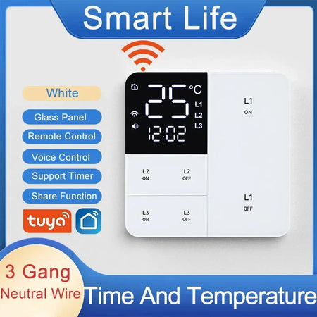 Tuya Smart Wifi Switch &ndash; Temp Time Display 100-250V 1G2G3G White Neutral 3Gang