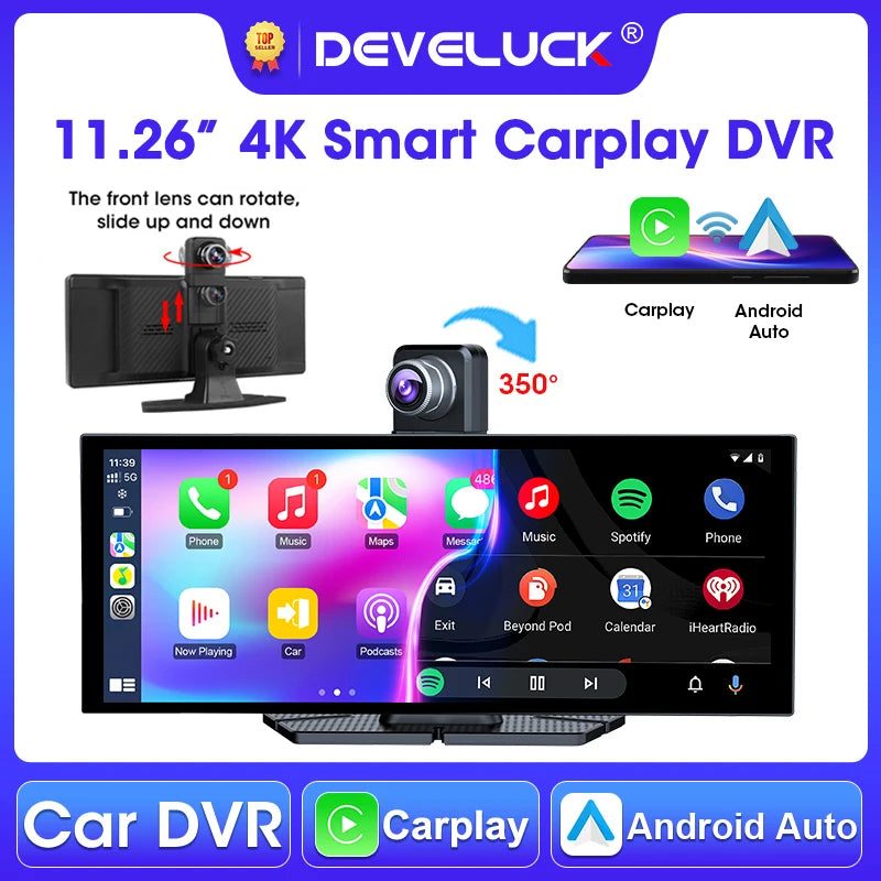 Develuck 11.26 Inch CarPlay 4K Dash Cam with Rotatable Front Camera and Android Auto