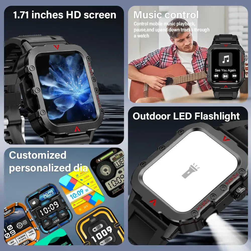 LAXASFIT Men's Smart Watch LED Flashlight Outdoor Health