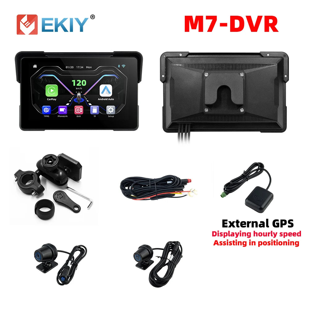 EKIY Wireless CarPlay Moto Android Auto 7.0 Inch &ndash; Portable Waterproof GPS Navigation Display M7-DVR / None