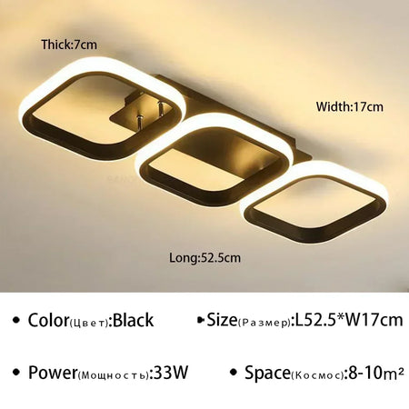 DINDALLED Modern LED Ceiling Light &ndash; Ring LED Fixture Black Square 3heads / Warm White(no RC)