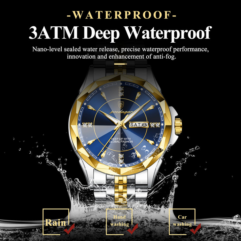 Luxury Men's Wristwatch POEDAGAR Stainless Steel Waterproof Luminous Date Quartz