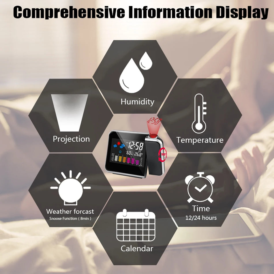 Table Clock With Color Display, Time Projection, Digital Alarm, Weather Station