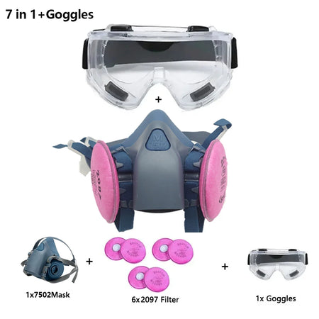7502 Silicone Respirator Gas Mask Set &ndash; Goggles Included 7in1-Clear Goggles