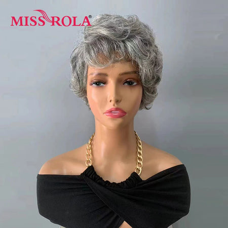 Miss Rola 100% Human Hair Wavy Pixie Cut Wig with Gray and Black Highlights
