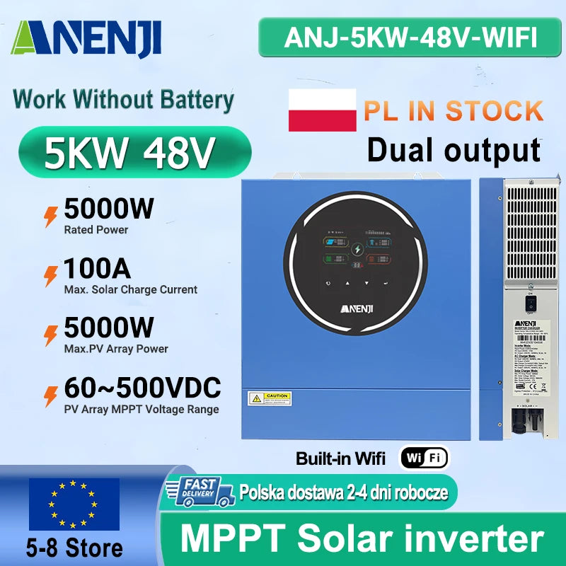 ANENJI 5KW 48V Dual Output Hybrid Solar Inverter with MPPT 100A, Off-Grid and On-Grid