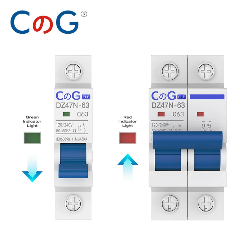 CG DZ47N Miniature Circuit Breaker - 1P/2P, 6A to 63A, DIN Rail Mount, 120/240V