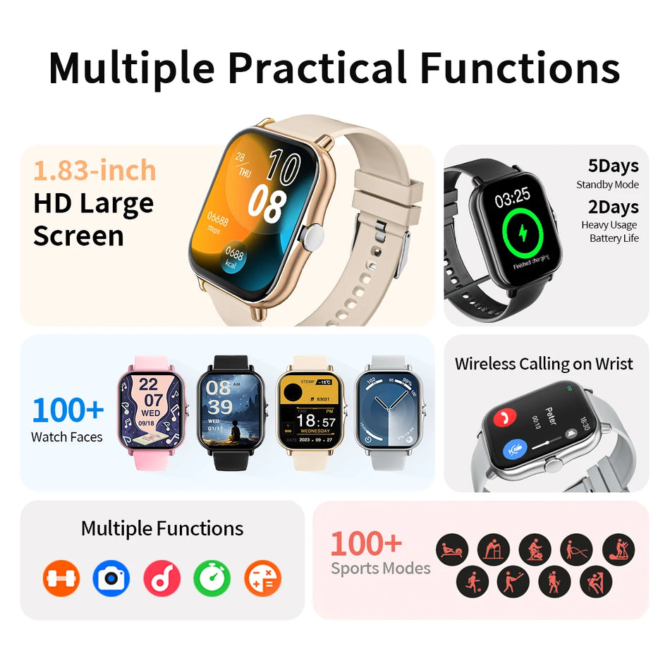 Smartwatch 1.83 Inch Touch Screen, Bluetooth Calling, Android and iOS Compatible