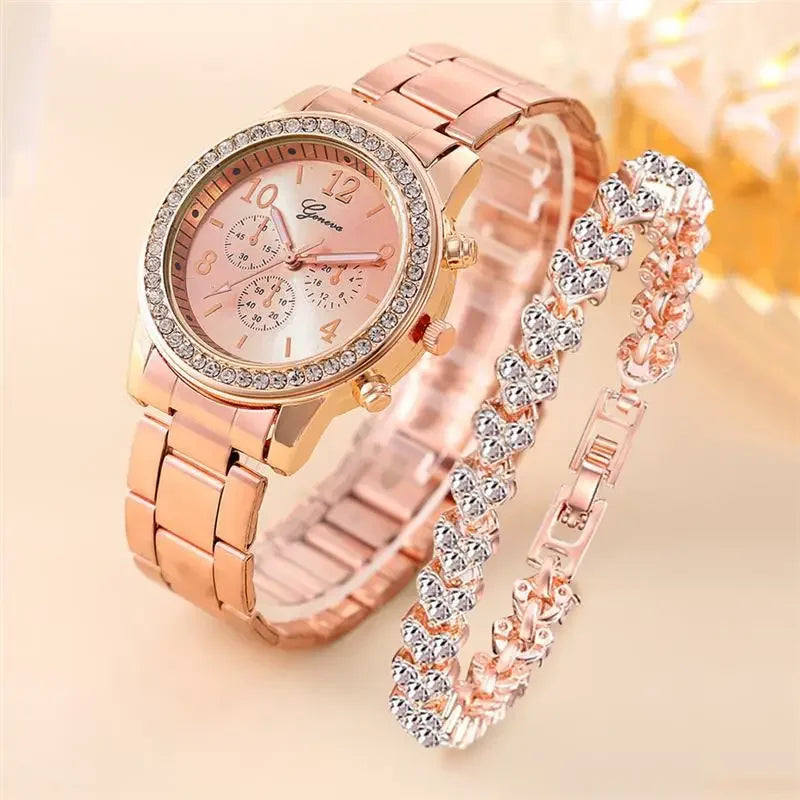 Luxury Women's Diamond Quartz Watch and Bracelet Set rose gold