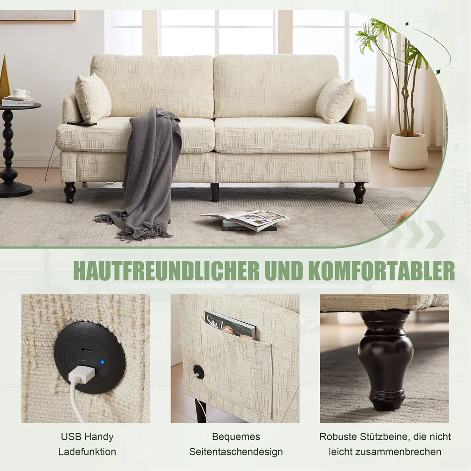 Καναπές Chenille 2 Θέσεων Με Ξύλινα Πόδια USB LED Θήκη Αποθήκευσης