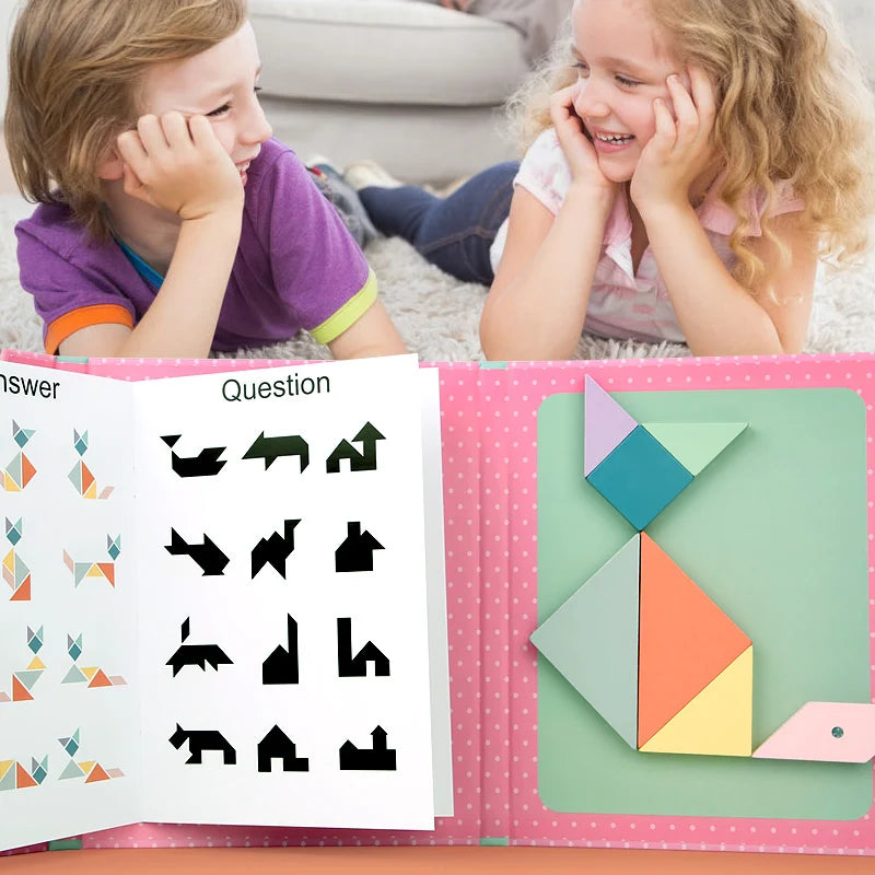 Wooden Jigsaw Magnetic Tangram Puzzle Book - Portable Toy