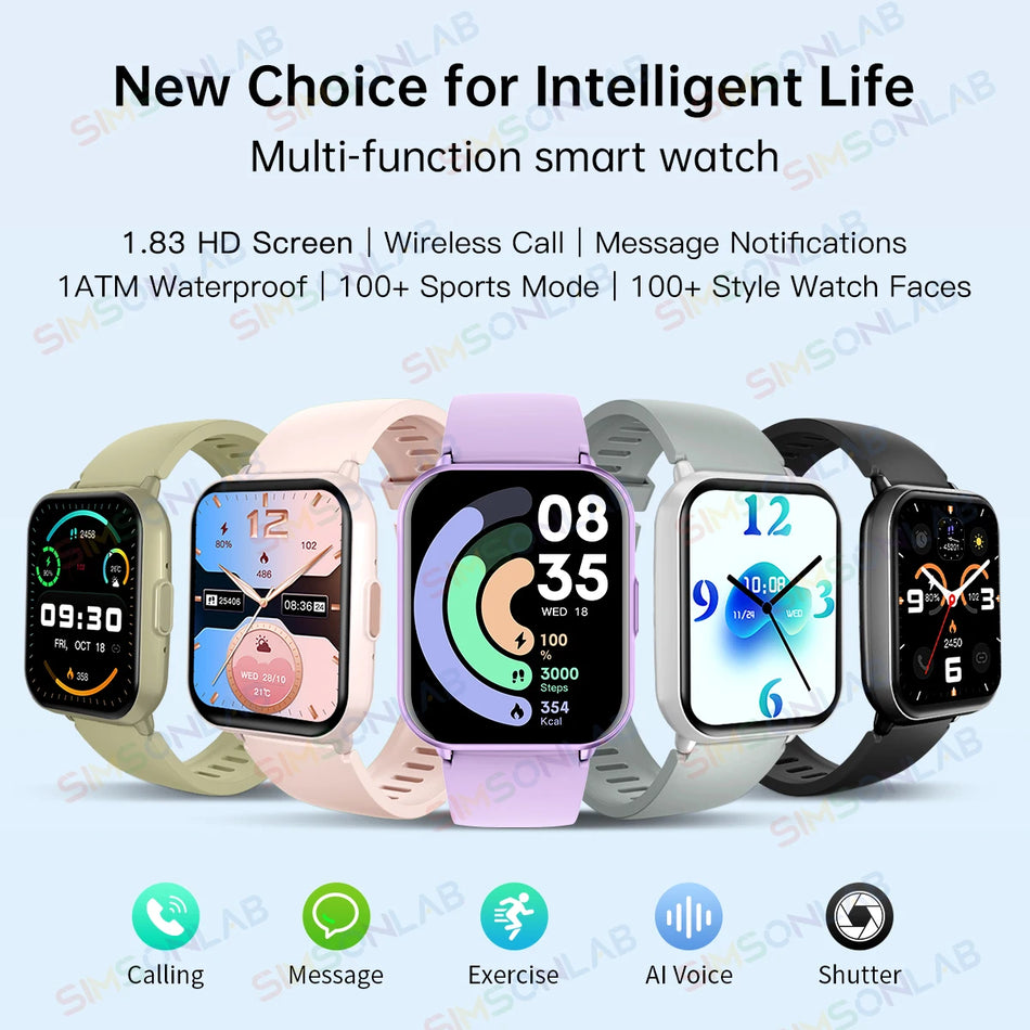 Smart Watch 1.83-Inch Full-Touch, 100 Sports Modes, Bluetooth Call, Waterproof