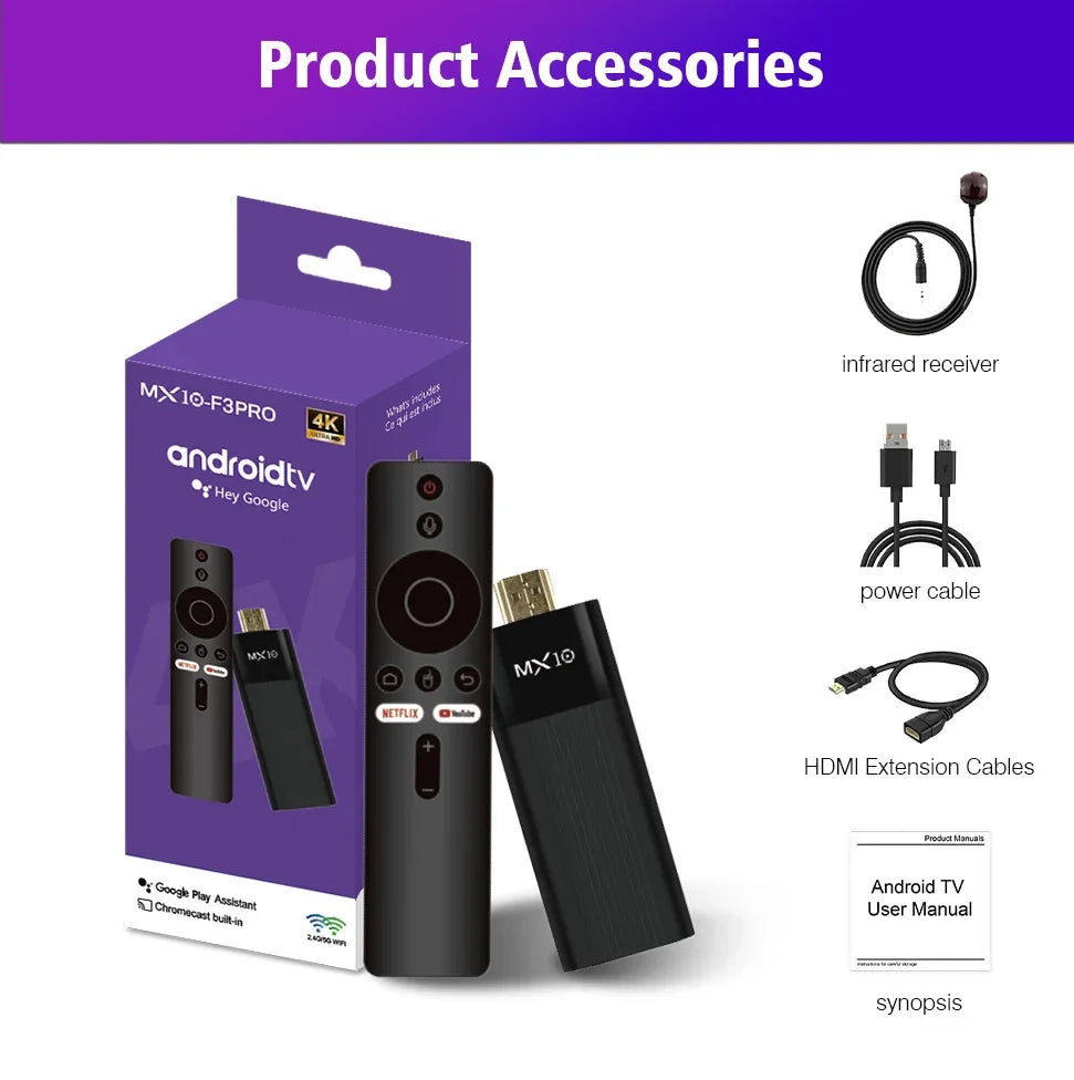 MX10 F3 Pro TV Stick &ndash; 4K Android Quad Core IR Remote