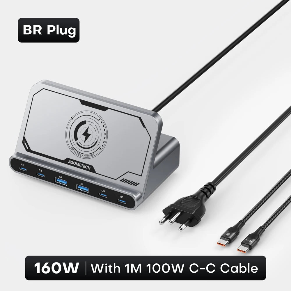 ASOMETECH 160W 7in1 USB C Fast Charging Station &ndash; Ultra-Fast Wireless Charging for Multiple Devices BR Plug With Cable