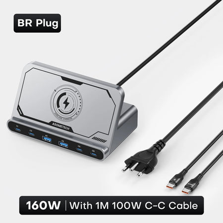 ASOMETECH 160W 7in1 USB C Fast Charging Station &ndash; Ultra-Fast Wireless Charging for Multiple Devices BR Plug With Cable