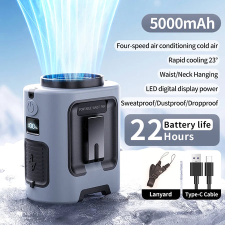 Outdoor Portable Waist Fan &ndash; Strong Airflow and LED Lighting 5000mAh Grey