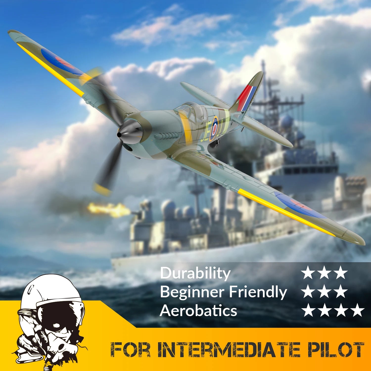 Volantex Spitfire RC Fighter Plane - 400mm, 4CH, One-Key Aerobatic, RTF
