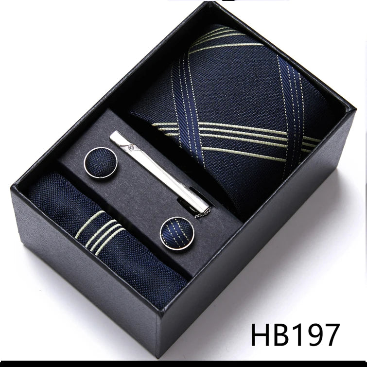 VanGise Blue Striped Necktie Set with Pocket Square and Cufflinks, Perfect for Weddings and Workplace HB197