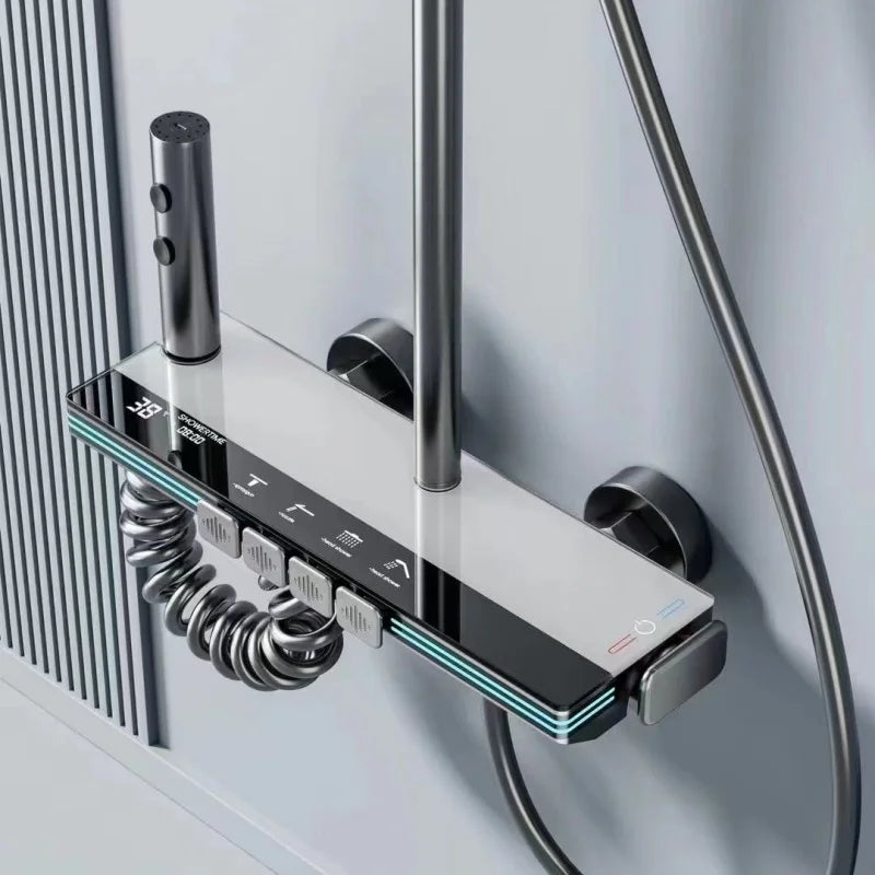 Shower System With Digital Temperature Display, 4-Function Wall-Mounted Rainfall, Brass Body With Chrome Finish