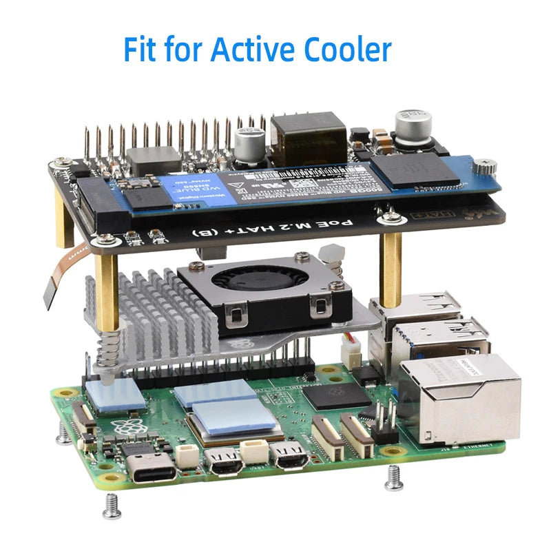 Raspberry Pi 5 PoE M.2 HAT Plus &ndash; High-Speed NVMe Solid State Drive Support
