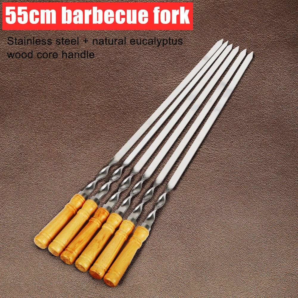 Long Handle Stainless Steel BBQ Skewers with Wooden Grip - 6pcs Set