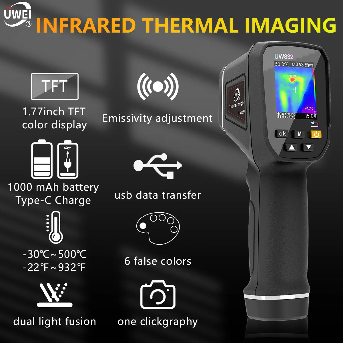 Handheld USB Rechargeable UWEI Infrared Thermal Imaging Camera with 8GB Card, Color Display, and Adjustable Emissivity