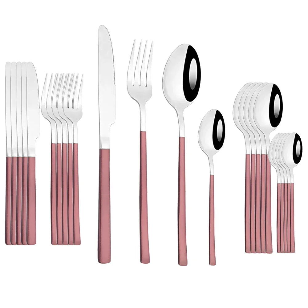 24Pcs Stainless Steel Cutlery Set &ndash; Eco-Friendly Dinnerware for Six Pink Silver