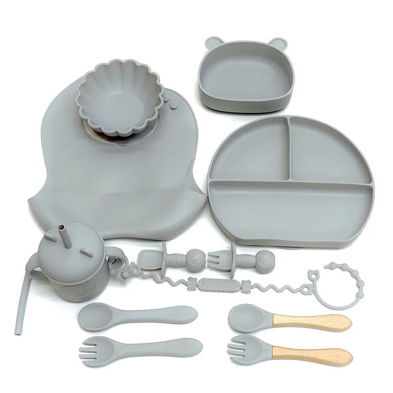 CZSAE Children's Silicone Tableware Set &ndash; Safe and Drop-Proof Design silver gray