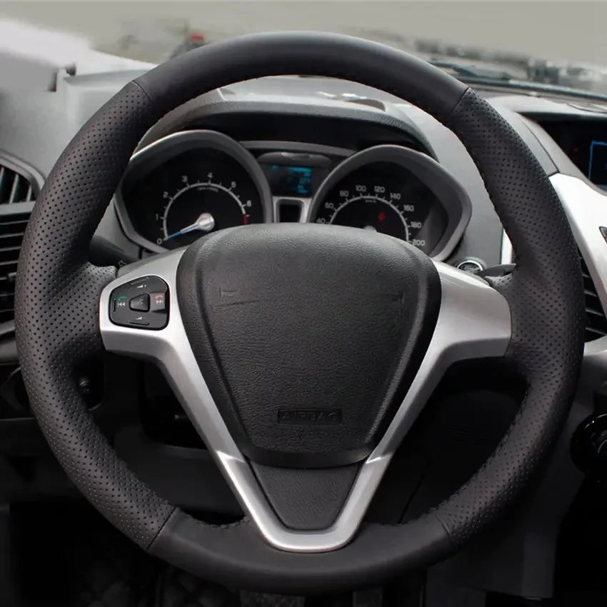 Couvre-volant en cuir noir cousu à la main pour Ford Fiesta EcoSport