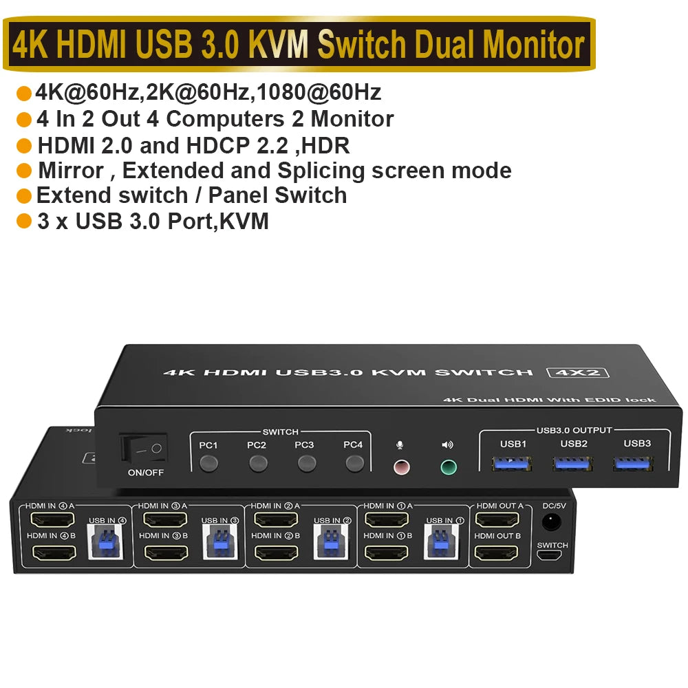 4 Port HDMI USB 3.0 KVM Switch - 4K60Hz Dual Display ZY-AH42U / UK Power Plug