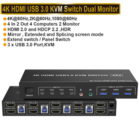 4 Port HDMI USB 3.0 KVM Switch - 4K60Hz Dual Display ZY-AH42U / UK Power Plug
