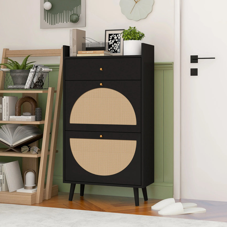 Μαύρος Ρατάν Λουκ Ντουλάπα Παπουτσιών Με Δύο Πόρτες Και Συρτάρι