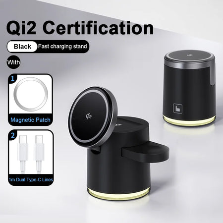 2025 New Qi2 Wireless Charger &ndash; 3-in-1 Fast Charging Station Black QI2